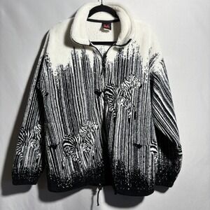 VTG Mazmania Zebra Print Fleece Jacket Full Zip‎ White Black 90s Art to Wear M